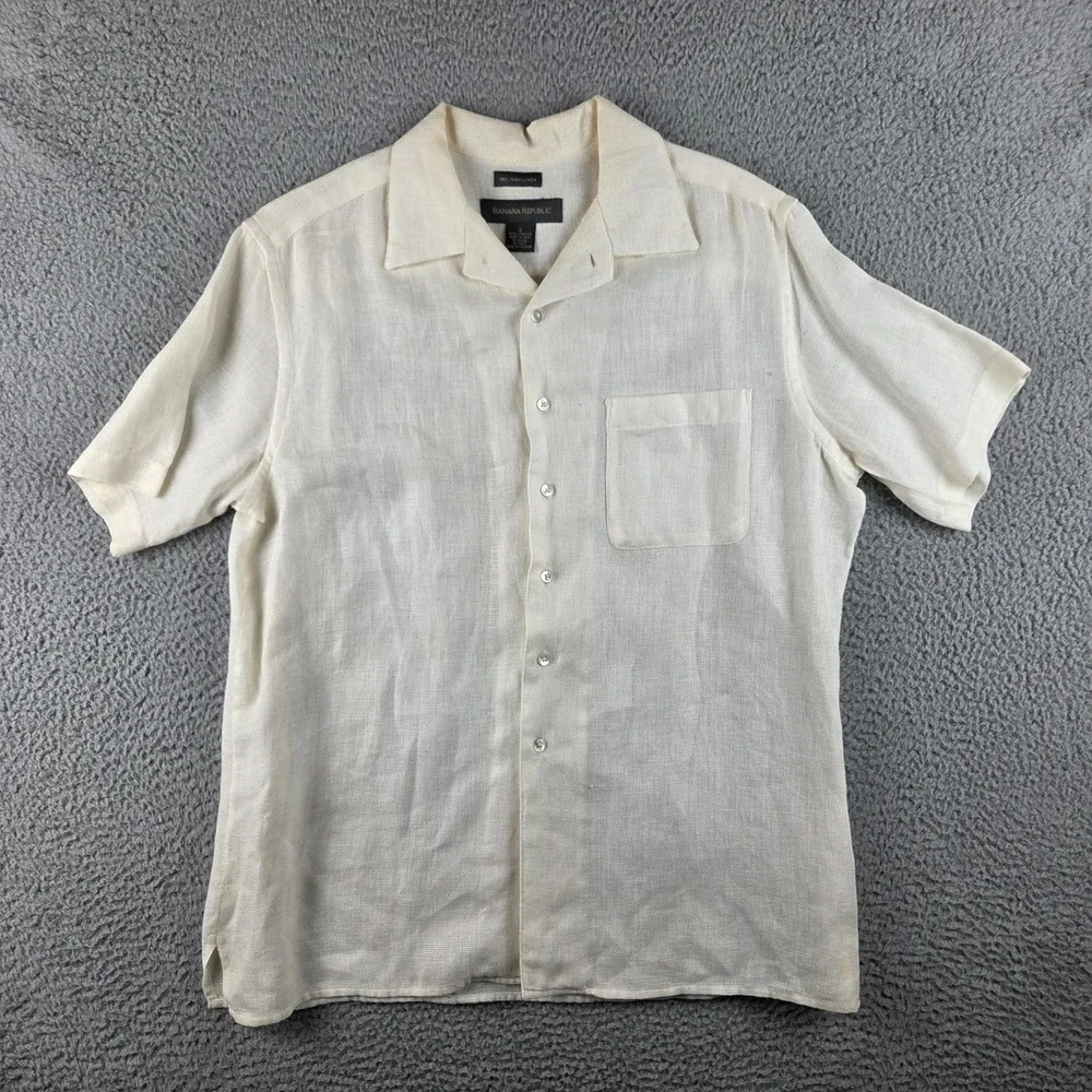 Banana Republic Mens Small Irish Linen Short Sleeve Button Up Shirt Cream
